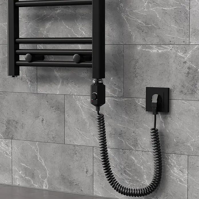 LuxeBath Austauschheizkörper Elektroheizstab mit Stecker Schwarz Heizpatrone Heizelemente 1200W - B x H: 4,5 x 4,5 mm - Schwarzer elektrischer Handtuchwärmer mit Spiralkabel und Steckdose.