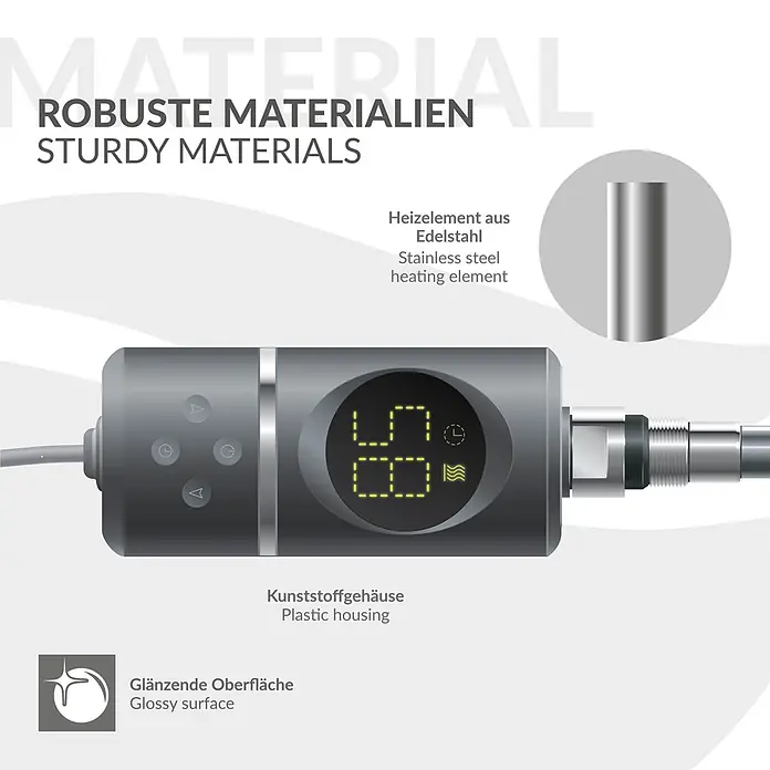 LuxeBath Austauschheizkörper Elektroheizstab mit Stecker Anthrazit Heizpatrone Heizelemente 900W - B x H: 4,5 x 4,5 mm - Dunkelgraue Heizeinheit mit Digitalanzeige und Tasten, ausgestattet mit Edelstahl-Heizelement und glänzendem Kunststoffgehäuse.