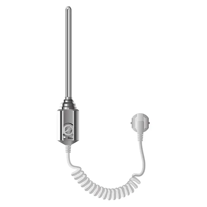 LuxeBath Austauschheizkörper Elektroheizstab mit Stecker Chrom Heizpatrone Heizelemente Chrom 1200W - B x H: 4,5 x 4,5 mm - Silberner Tauchheizkörper mit Thermostatregler und gewickeltem weißem Stromkabel mit Stecker.