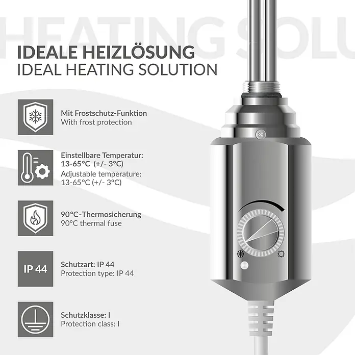 LuxeBath Elektro-Badheizkörper Handtuchwärmer mit Heizstab 600x1800 mm gerade Chrome 900W -  - Silbernes metallisches Heizelement mit Drehregler und Kabel. Beschrieben als ideale Heizlösung mit Frostschutz und Sicherheitsfunktionen.