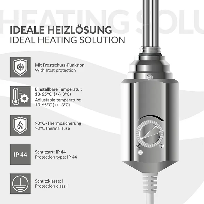 LuxeBath Austauschheizkörper Elektroheizstab mit Stecker Chrom Heizpatrone Heizelemente 300W - B x H: 4,5 x 4,5 mm - Silberner Heizstab für Heizkörper mit einstellbarem Temperaturregler und Gewindeanschluss.