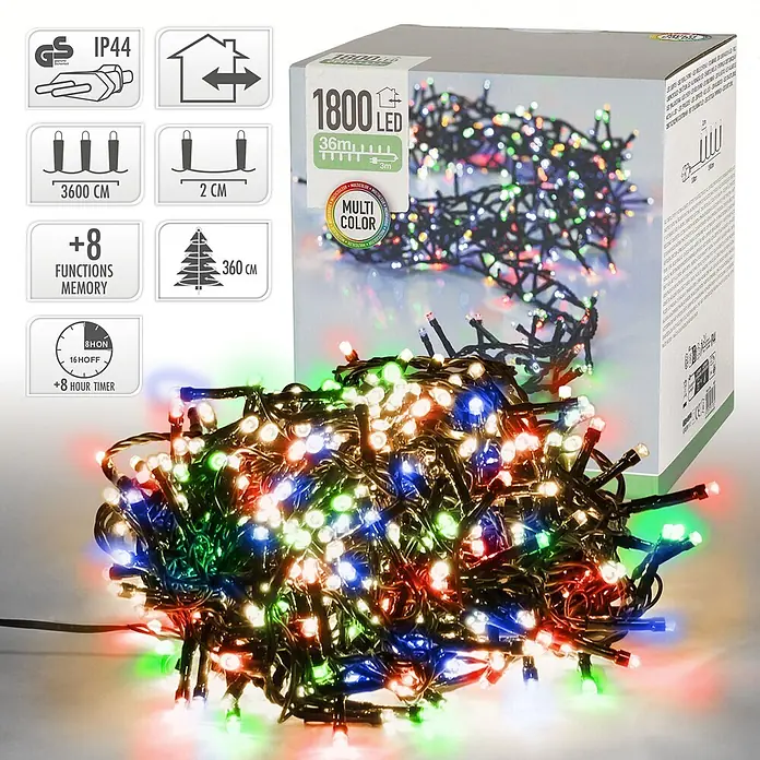 ECD Germany LED-Lichterkette 1800 LEDs Bunt 36m für Innen & Außen IP44 - Außen, Lichtfarbe: Mehrfarbig, Anzahl Leuchtmittel: 1.800 Stk., Netzbetrieben - Mehrfarbige LED Lichterkette, 1800 LEDs, 36m Länge, IP44, 8 Funktionen, 8-Stunden-Timer.