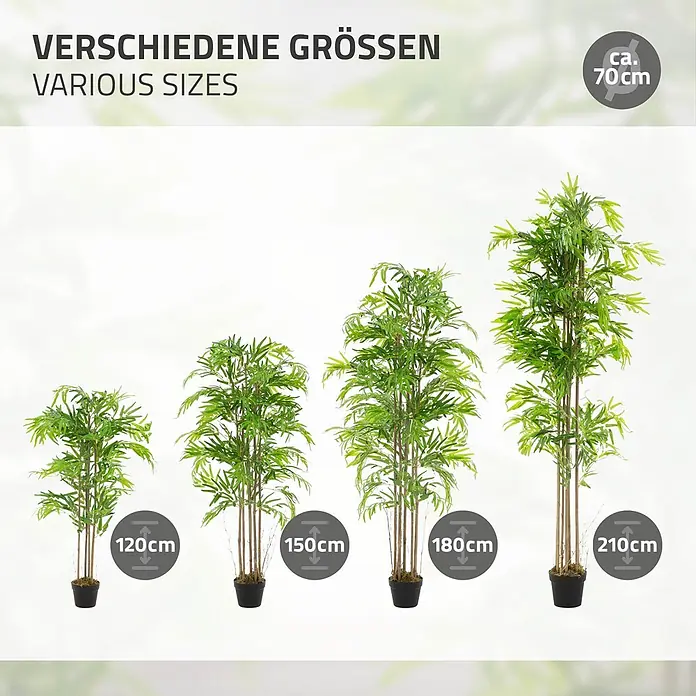 ML-Design Kunstpflanze Kunstbambus für Innen & Außen mit Echtem Moos & Echtholzstamm - Höhe: 120 cm, Blütenfarbe: Grün, Holz - Vier künstliche Bambuspflanzen in verschiedenen Höhen (120-210cm) mit grünen Blättern und braunen Stielen in schwarzen Töpfen.
