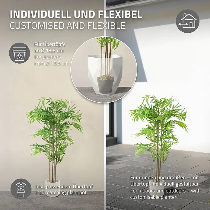 ML-Design Kunstpflanze Kunstbambus für Innen & Außen mit Echtem Moos & Echtholzstamm - Höhe: 120 cm, Blütenfarbe: Grün, Holz - Künstliche Bambuspflanze im weißen Topf, passend für Übertöpfe ab 13,5cm, für drinnen und draußen.