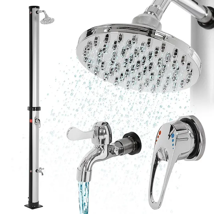 ML-Design Solardusche 20L Rund mit Fußdusche und Regenduschkopf warmes Wasser - Kunststoff, Silber, Schwarz - Gartendusche mit Chrom-Duschkopf, der Wasser sprüht, einem Wasserhahn und einem Mischhebel in Silber und Schwarz.