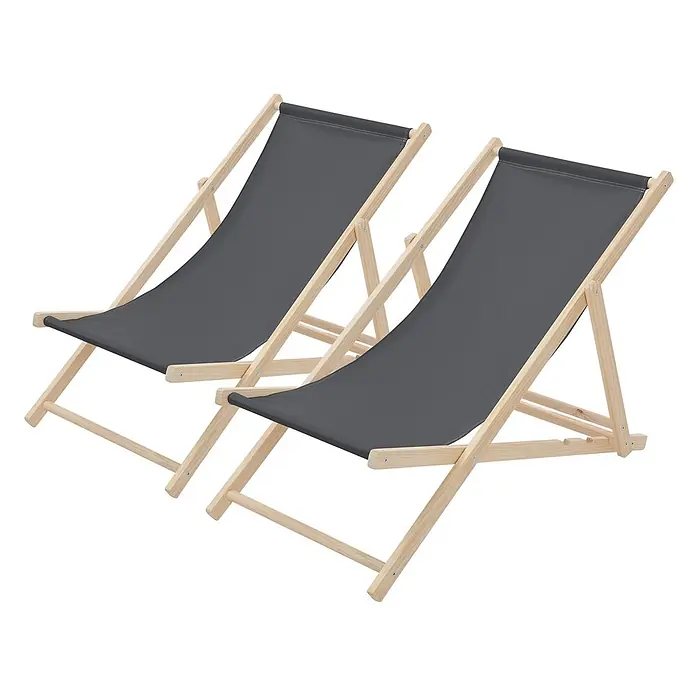 ECD Germany Garten-Liegestuhl 2er Set Sonnenliege Anthrazit Klappliegestuhl Relaxliege - 2 Stk., Holz, Polyester, Anthrazit, Braun - Zwei dunkelgraue Liegestühle mit hellem Holzgestell.