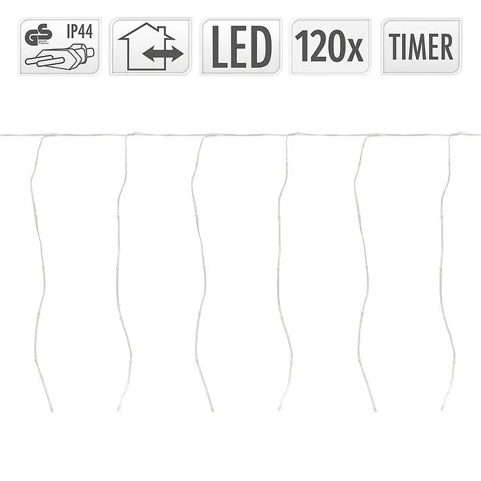 ECD Germany LED-Lichtervorhang 120 LEDs 3m für Innen & Außen IP44 Warmweiß - Innen, Warmweiß, 120 Stk., Netzbetrieben - Weiße LED-Eiszapfen-Lichterkette mit 120 Lichtern, IP44 für Innen/Außen und Timerfunktion.