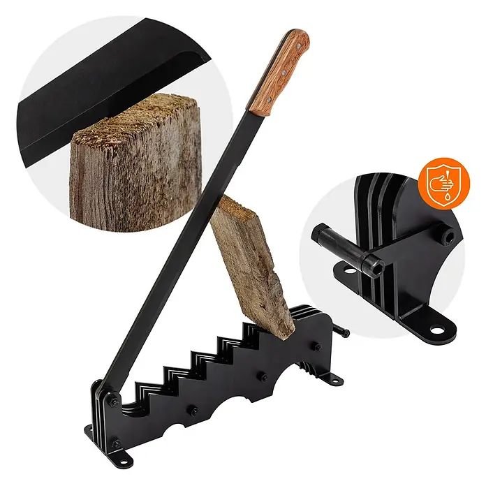 ECD Germany Holzspalter Brennholzspalter schwarz, Anzündspalter zur Wandmontage Spanmesser -  - Schwarzmetall-Anzündholzspalter mit Holzgriff, beim Spalten eines Holzscheits gezeigt. Robustes Design für effiziente Kaminholzbereitung.