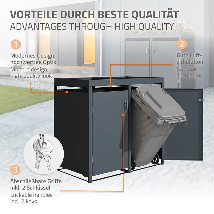 ML-Design Mülltonnenbox Mülltonnencontainer mit Pflanzdach für 4 Tonnen 120 oder 240 Liter - Stahl, Anthrazit, Geeignet für Anzahl Mülltonnen: 4 Stk. - Dunkelgraue Mülltonnenbox aus Metall mit modernem Design, guter Luftzirkulation und abschließbaren Türen.