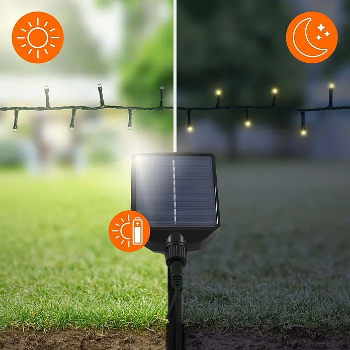 ECD Germany LED-Lichterkette 800 LEDs 16m für Innen & Außen Warmweiß - Außen, Lichtfarbe: Warmweiß, Anzahl Leuchtmittel: 800 Stk., Solarbetrieben - Solar-Lichterkette und Panel, zeigt Laden am Tag und Beleuchtung bei Nacht.