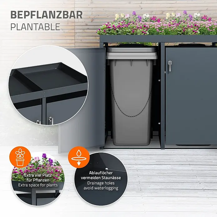 ML-Design Mülltonnenbox Mülltonnencontainer mit Pflanzdach für 4 Tonnen 120 oder 240 Liter - Stahl, Anthrazit, Geeignet für Anzahl Mülltonnen: 4 Stk. - Dunkelgraues Metall-Mülltonnenhaus mit bepflanzbarer Oberseite und Stauraum für Mülltonnen.