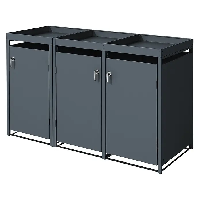 ML-Design Mülltonnenbox Mülltonnencontainer mit Pflanzdach für 3 Tonnen 120 oder 240 Liter - Stahl, Anthrazit, Geeignet für Anzahl Mülltonnen: 3 Stk. - Dunkelgraue, modulare Mülltonnenbox aus Metall mit drei Fächern, Türen mit Griffen und oberen Öffnungen.