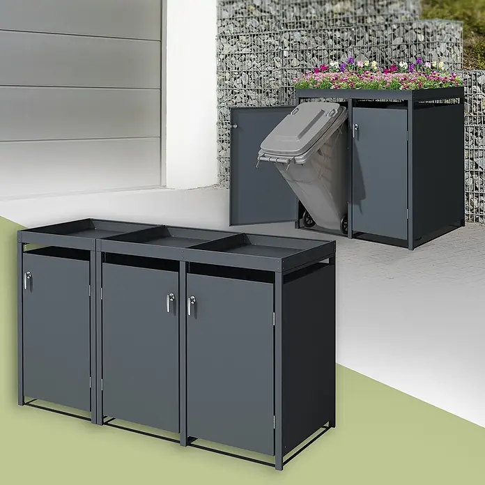 ML-Design Mülltonnenbox Mülltonnencontainer mit Pflanzdach für 3 Tonnen 120 oder 240 Liter - Stahl, Anthrazit, Geeignet für Anzahl Mülltonnen: 3 Stk. - Dunkelgraue Metall-Mülltonnenbox, eine mit Abfalltonne und Pflanzdach, plus eine Dreier-Einheit.