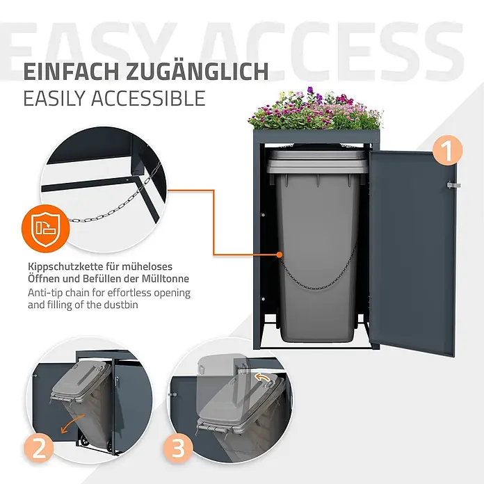 ML-Design Mülltonnenbox Mülltonnencontainer mit Pflanzdach für 3 Tonnen 120 oder 240 Liter - Stahl, Anthrazit, Geeignet für Anzahl Mülltonnen: 3 Stk. - Dunkelgraue Mülltonnenbox mit Pflanzgefäß oben. Sie hat eine Kippschutzkette, die das einfache Öffnen und Befüllen der Mülltonne ermöglicht.