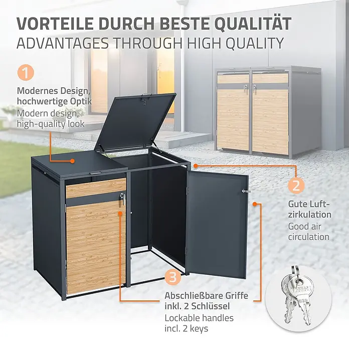 ML-Design Mülltonnenbox Mülltonnencontainer mit Klappdeckel/Tür für 3 Tonne 120 oder 240 Liter - Stahl, Anthrazit, Lärchenoptik, Geeignet für Anzahl Mülltonnen: 3 Stk. - Dunkelgraue Metall-Mülltonnenbox mit Holzoptik-Paneelen, geöffneter Klappe und Tür, Schlüssel sichtbar. Mit abschließbaren Griffen.