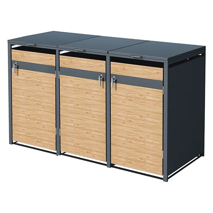 ML-Design Mülltonnenbox Mülltonnencontainer mit Klappdeckel/Tür für 3 Tonne 120 oder 240 Liter - Stahl, Anthrazit, Lärchenoptik, Geeignet für Anzahl Mülltonnen: 3 Stk. - Dreifach-Mülltonnenbox mit dunkelgrauem Metallrahmen und Türen in Holzoptik, mit dunkelgrauen Deckeln und silbernen Griffen.