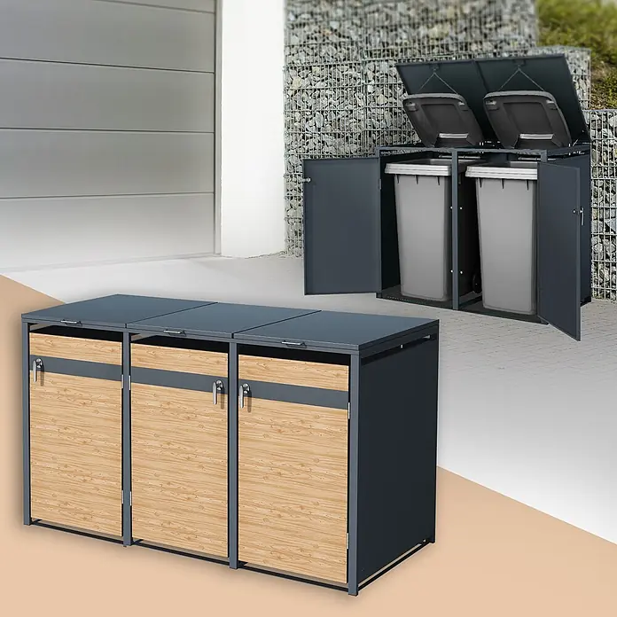 ML-Design Mülltonnenbox Mülltonnencontainer mit Klappdeckel/Tür für 3 Tonne 120 oder 240 Liter - Stahl, Anthrazit, Lärchenoptik, Geeignet für Anzahl Mülltonnen: 3 Stk. - Dunkelgraue Metall-Mülltonnenboxen, eine mit Holzoptik-Paneelen und drei Fächern, eine andere mit geöffneten Deckeln.