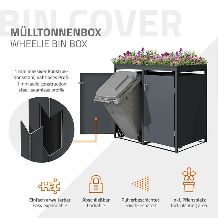 ML-Design Mülltonnenbox Mülltonnencontainer mit Pflanzdach für 4 Tonnen 120 oder 240 Liter - Stahl, Anthrazit, Geeignet für Anzahl Mülltonnen: 4 Stk. - Dunkelgraue 1mm Stahl Mülltonnenbox mit integriertem Pflanzkasten, Tür offen, Mülltonne innen sichtbar.