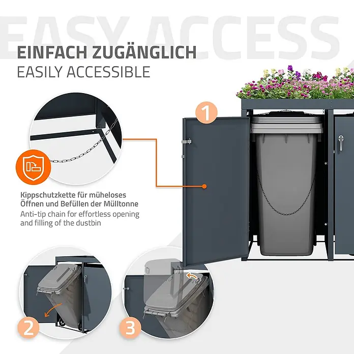 ML-Design Mülltonnenbox Mülltonnencontainer mit Pflanzdach für 4 Tonnen 120 oder 240 Liter - Stahl, Anthrazit, Geeignet für Anzahl Mülltonnen: 4 Stk. - Dunkelgraue Mülltonnenbox mit Pflanzdach, zeigt graue Mülltonne mit Kippschutz-Kette zum einfachen Öffnen und Befüllen.