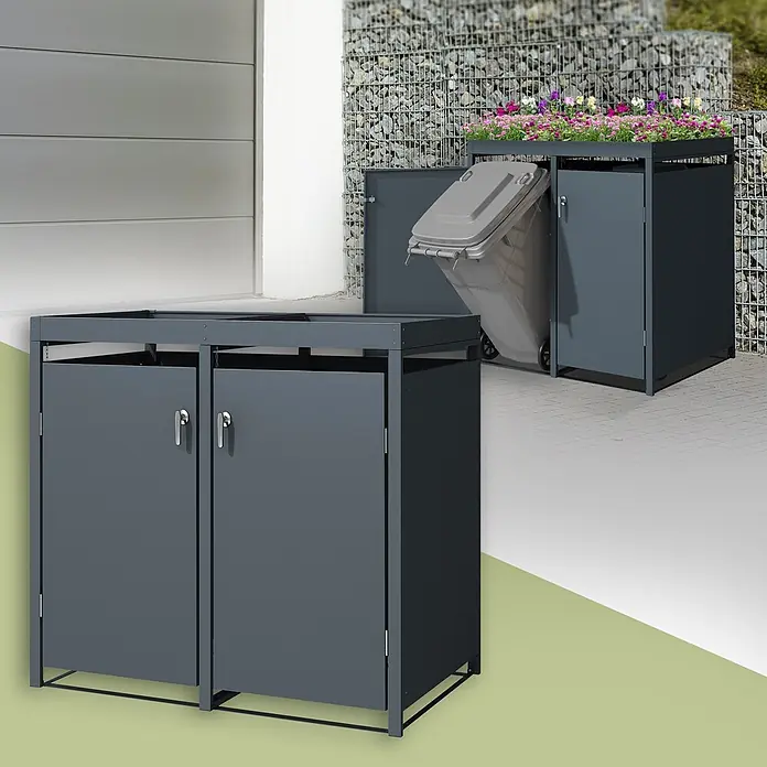 ML-Design Mülltonnenbox Mülltonnencontainer mit Pflanzdach für 2 Tonnen 120 oder 240 Liter - Stahl, Anthrazit, Geeignet für Anzahl Mülltonnen: 2 Stk. - Dunkelgraue Metall-Mülltonnenbox mit Pflanzdach, gezeigt mit einer Mülltonne und einer Detailansicht der Doppeltüren.