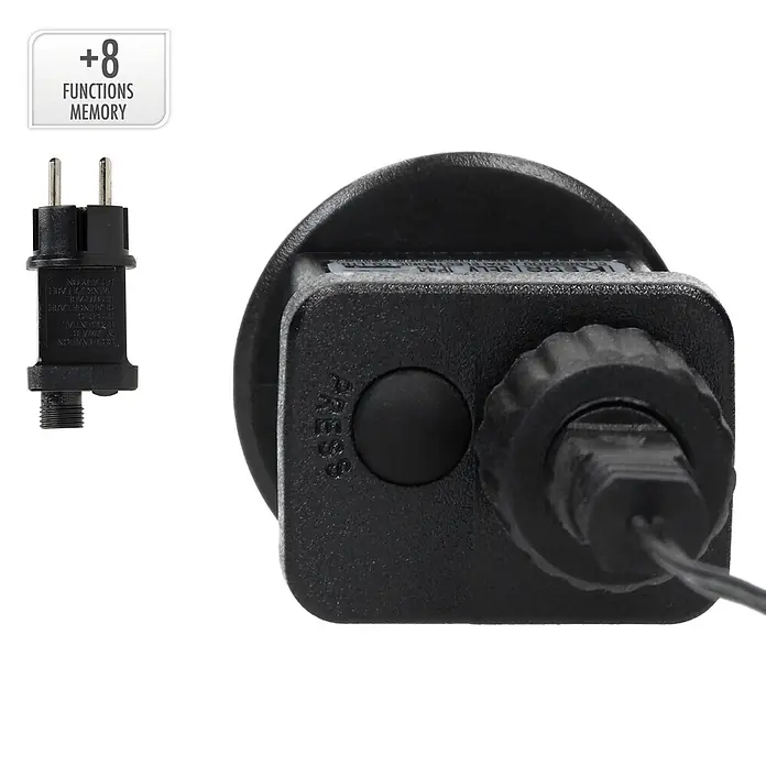 ECD Germany LED-Lichterkette - Außen, Lichtfarbe: Kaltweiß, Anzahl Leuchtmittel: 40 Stk., Netzbetrieben - Schwarzer Stromadapter/-controller mit europäischem 2-poligem Stecker, „PRESS“-Taste und „+8 FUNKTIONEN MEMORY“-Etikett für Beleuchtung.