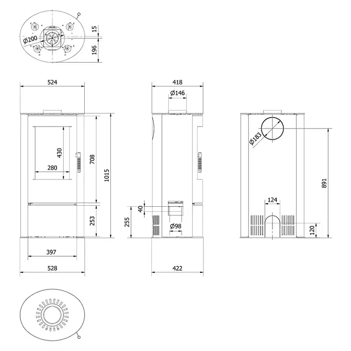Ildnord Kaminofen Loki/PF - Stahl, Schwarz, 3 kW - 6 kW - Technische Zeichnungen eines Ofens mit verschiedenen Ansichten (Vorderseite, Seite, oben) und detaillierten Maßen für die Installation.