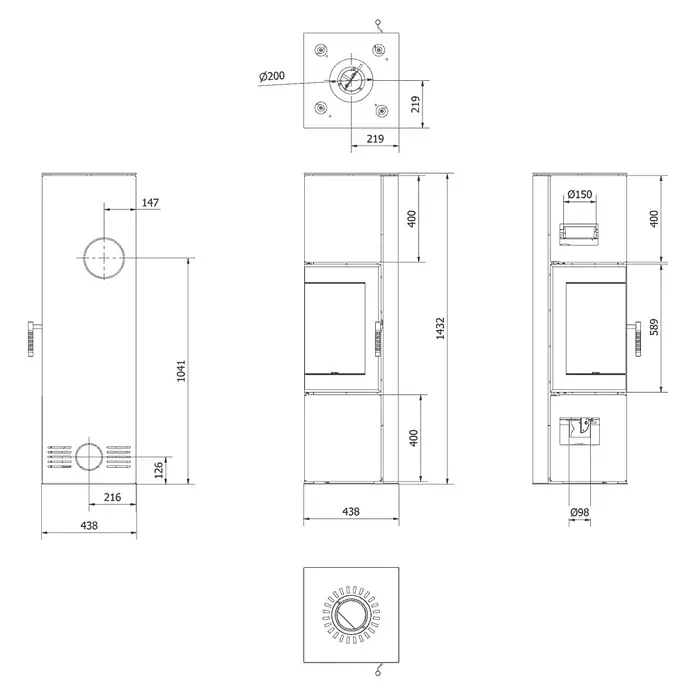 Ildnord Kaminofen Odyn - 8 kW, Raumheizvermögen: 80 m³, Schwarz, Höhe: 143,2 cm - Technische Zeichnung eines rechteckigen Kamins mit Abmessungen, Ansichten von oben, vorne und Seite.