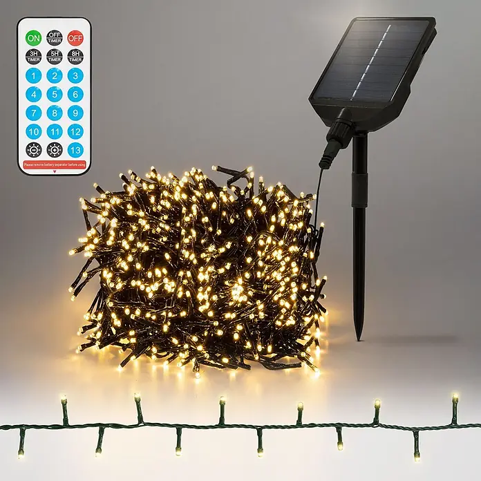 ECD Germany LED-Lichterkette 800 LEDs 16m für Innen & Außen Warmweiß - Außen, Lichtfarbe: Warmweiß, Anzahl Leuchtmittel: 800 Stk., Solarbetrieben - Solar-betriebene Lichterkette mit warmweißen LEDs, Fernbedienung und Solarpanel mit Erdspieß.