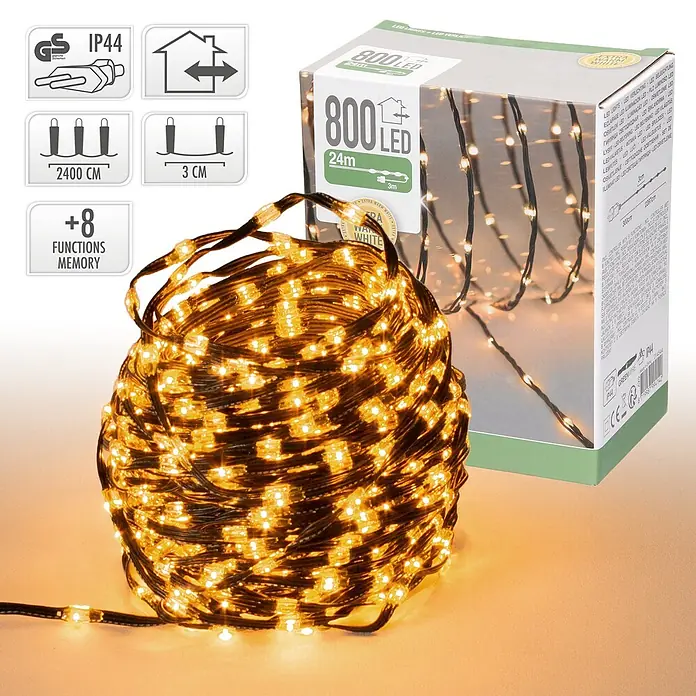 ECD Germany LED-Lichterkette 800 LEDs 24m für Innen & Außen IP44 Warmweiß - Außen, Lichtfarbe: Warmweiß, Anzahl Leuchtmittel: 800 Stk., Netzbetrieben - Aufgewickelte Lichterkette mit 800 extra warmweißen LEDs (24m lang, IP44) und Verpackung, für Innen- und Außendekoration.