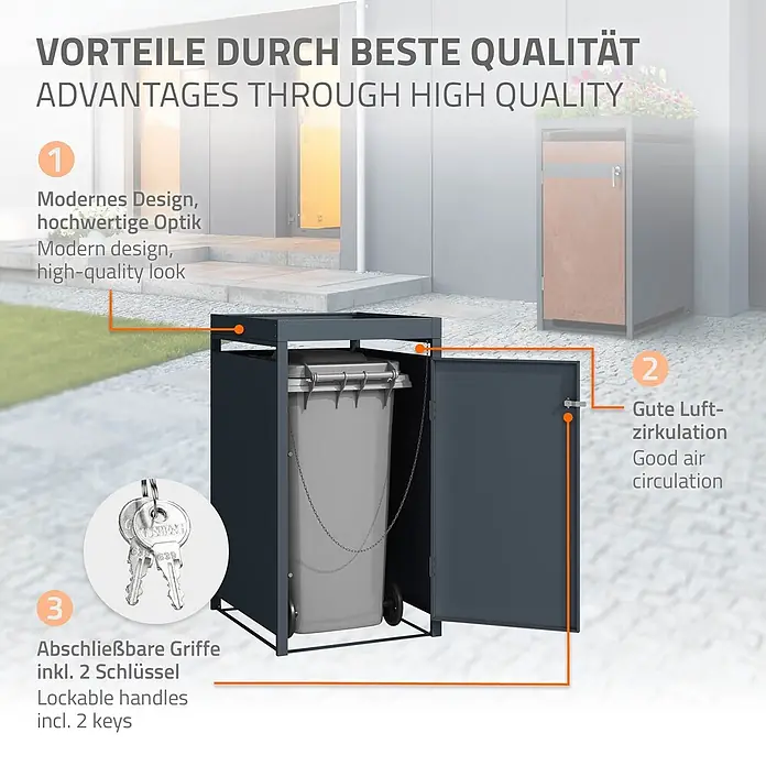 ML-Design Mülltonnenbox für 1 Tonne 240L Anthrazit, Rot-Braun mit Pflanzdach - Stahl, Anthrazit, Rot-Braun, Geeignet für Anzahl Mülltonnen: 1 Stk. - Dunkelgraue Mülltonnenbox aus Metall mit geöffneter Tür, zeigt eine graue Mülltonne innen, im Außenbereich.