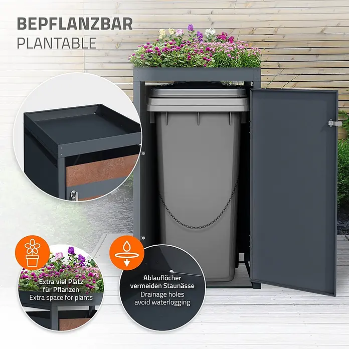 ML-Design Mülltonnenbox für 1 Tonne 240L Anthrazit, Rot-Braun mit Pflanzdach - Stahl, Anthrazit, Rot-Braun, Geeignet für Anzahl Mülltonnen: 1 Stk. - Dunkelgraue Mülltonnenbox aus Metall mit bepflanzbarer Oberseite und Blumen. Eine offene Tür zeigt eine Mülltonne und Ablauflöcher.