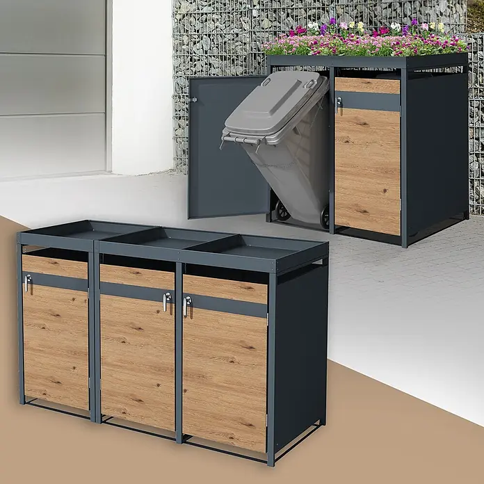 ML-Design Mülltonnenbox Mülltonnencontainer mit Klappdeckel/Tür für 3 Tonne 120 oder 240 Liter - Stahl, Anthrazit, Braun, Geeignet für Anzahl Mülltonnen: 3 Stk. - Zwei dunkelgraue Mülltonnenboxen aus Metall mit hellen Holzpaneelen; eine Einzelbox mit Pflanzen und gekippter Tonne, eine Dreierbox.