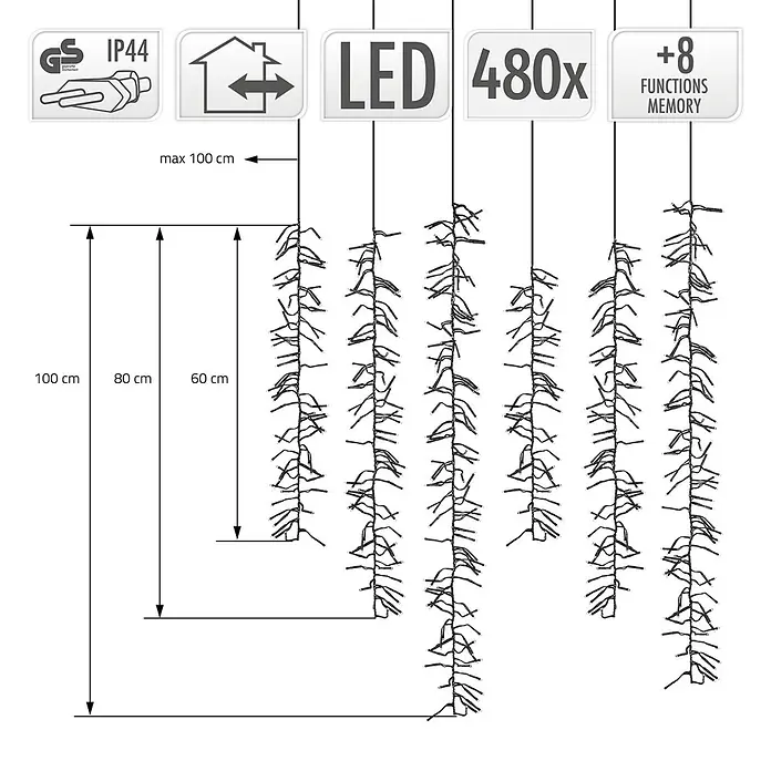 ECD Germany LED-Lichtervorhang Cluster 480 LEDs 0,6-1m für Innen & Außen IP44 Warmweiß - Innen, 200 cm, Warmweiß, 480 Stk., Netzbetrieben - Schwarze LED-Lichterkette im Kaskaden-Design, 480 LEDs, Längen 60-100 cm. IP44, 8 Funktionen mit Speicher, innen/außen.