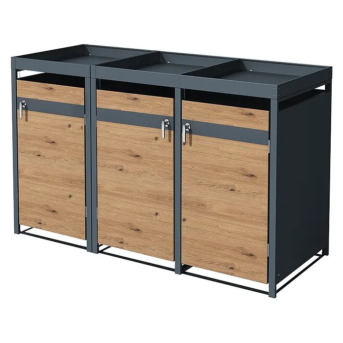 ML-Design Mülltonnenbox Mülltonnencontainer mit Klappdeckel/Tür für 3 Tonne 120 oder 240 Liter - Stahl, Anthrazit, Braun, Geeignet für Anzahl Mülltonnen: 3 Stk. - Dreifach-Wertstoffstation mit dunkelgrauem Metallrahmen und hellen Holzfronten, silberne Griffe.