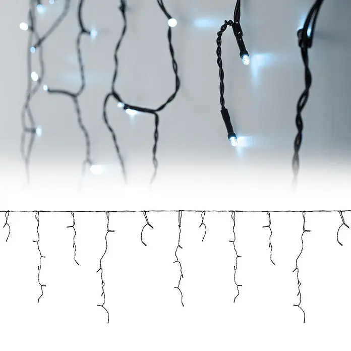 ECD Germany LED-Lichtervorhang 180 LEDs 6m für Innen & Außen IP44 Kaltweiß - Innen, 600 cm, Kaltweiß, 180 Stk., Netzbetrieben - Schwarze Lichterketten-Eiszapfen mit hellen kaltweißen LEDs, dekorativ hängend.