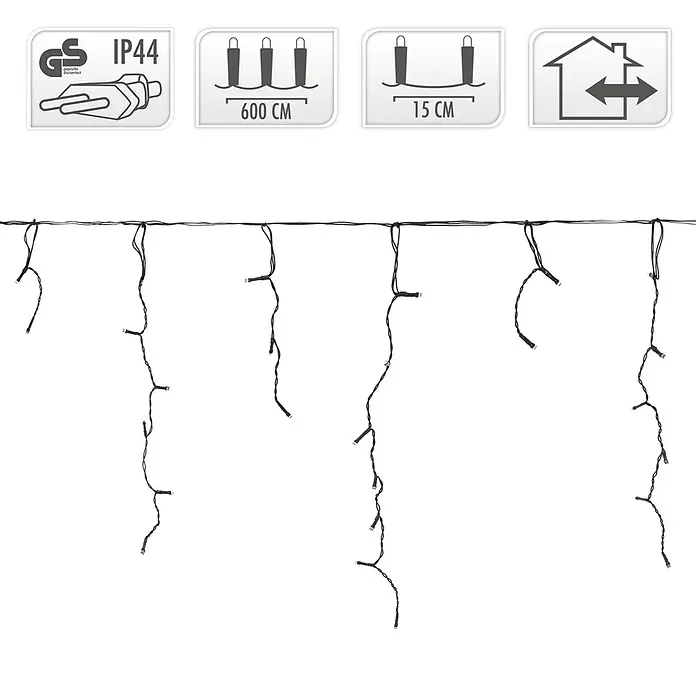 ECD Germany LED-Lichtervorhang 180 LEDs 6m für Innen & Außen IP44 Kaltweiß - Innen, 600 cm, Kaltweiß, 180 Stk., Netzbetrieben - Schwarze LED-Eiszapfenlichter, 600cm lang, mit 15cm Tropfenabstand, für Innen- und Außenbereich.