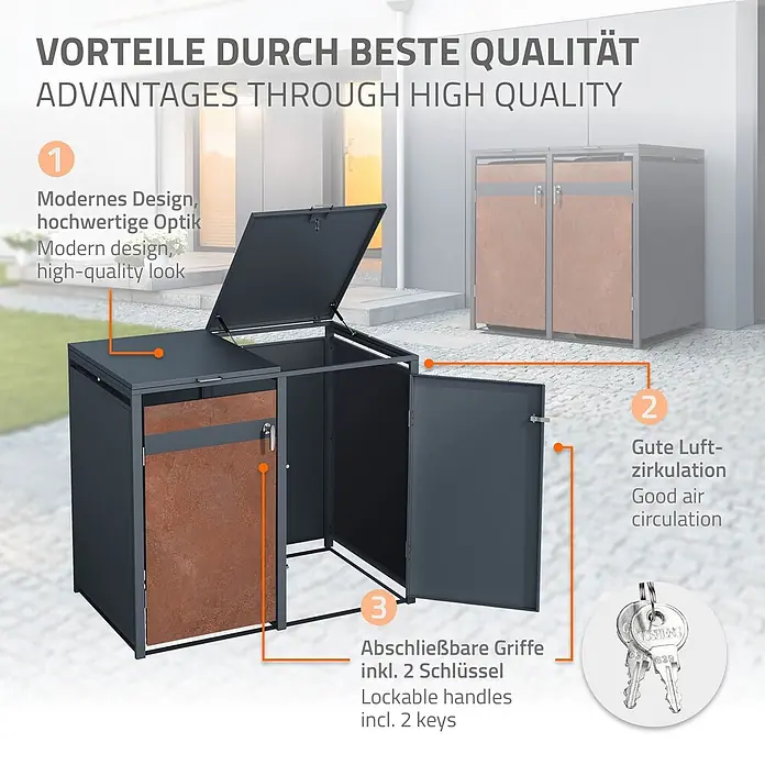 ML-Design Mülltonnenbox Mülltonnencontainer mit Klappdeckel/Tür für 3 Tonne 120 oder 240 Liter - Stahl, Anthrazit, Rot-Braun, Geeignet für Anzahl Mülltonnen: 3 Stk. - Dunkelgraue Outdoor-Aufbewahrungsbox aus Metall mit brauner Platte, geöffnetem Deckel und Tür, zeigt Design, Lüftung und abschließbare Griffe.