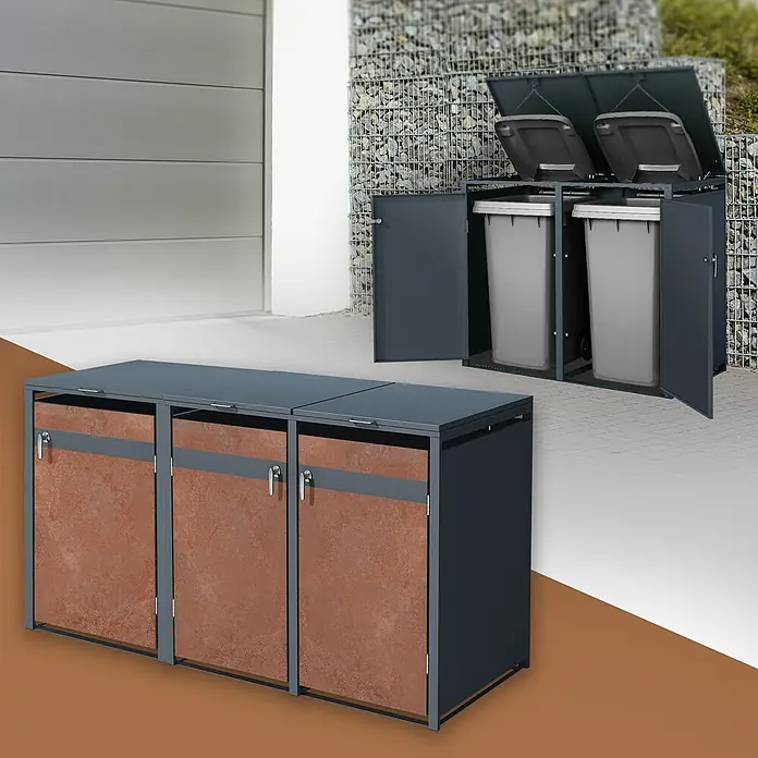 ML-Design Mülltonnenbox Mülltonnencontainer mit Klappdeckel/Tür für 3 Tonne 120 oder 240 Liter - Stahl, Anthrazit, Rot-Braun, Geeignet für Anzahl Mülltonnen: 3 Stk. - Dunkelgraue Metall-Mülltonnenbox mit rotbraunen Türen, mit Behältern im Außenbereich gezeigt.