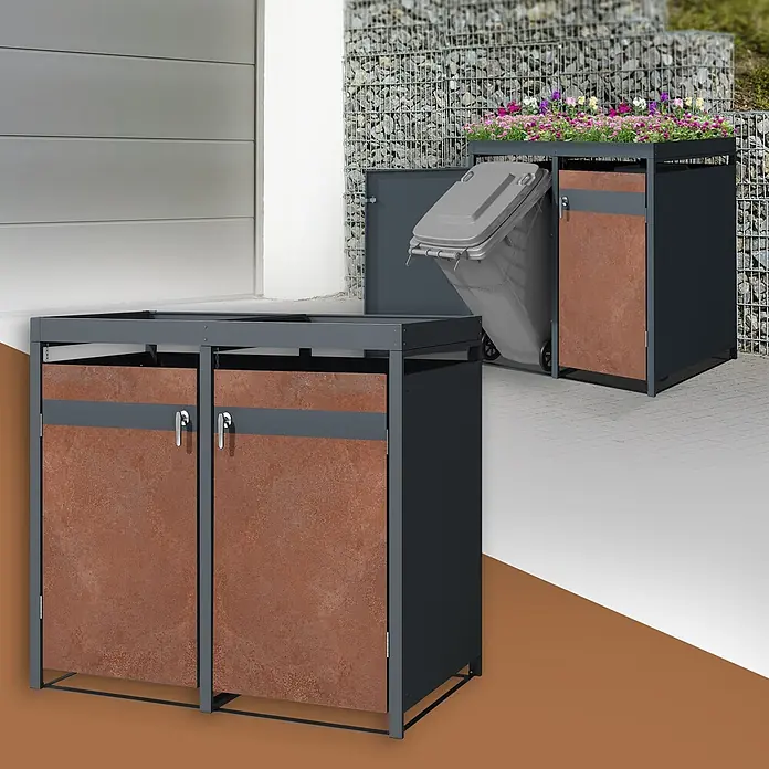 ML-Design Mülltonnenbox für 2 Tonne 240L Anthrazit, Rot-Braun mit Pflanzdach - Stahl, Anthrazit, Rot-Braun, Geeignet für Anzahl Mülltonnen: 2 Stk. - Dunkelgraue Mülltonnenbox mit rostbraunen Türen, im Außenbereich mit Abfallbehälter und Pflanzen auf dem Dach dargestellt.