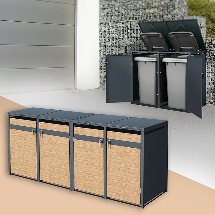 ML-Design Mülltonnenbox Mülltonnencontainer mit Klappdeckel/Tür für 4 Tonne 120 oder 240 Liter - Stahl, Anthrazit, Lärchenoptik, Geeignet für Anzahl Mülltonnen: 4 Stk. - Dunkelgraues Mülltonnenhaus aus Metall mit hellen Holz-Türen, offen mit Tonnen und als Mehrfach-Einheit dargestellt.