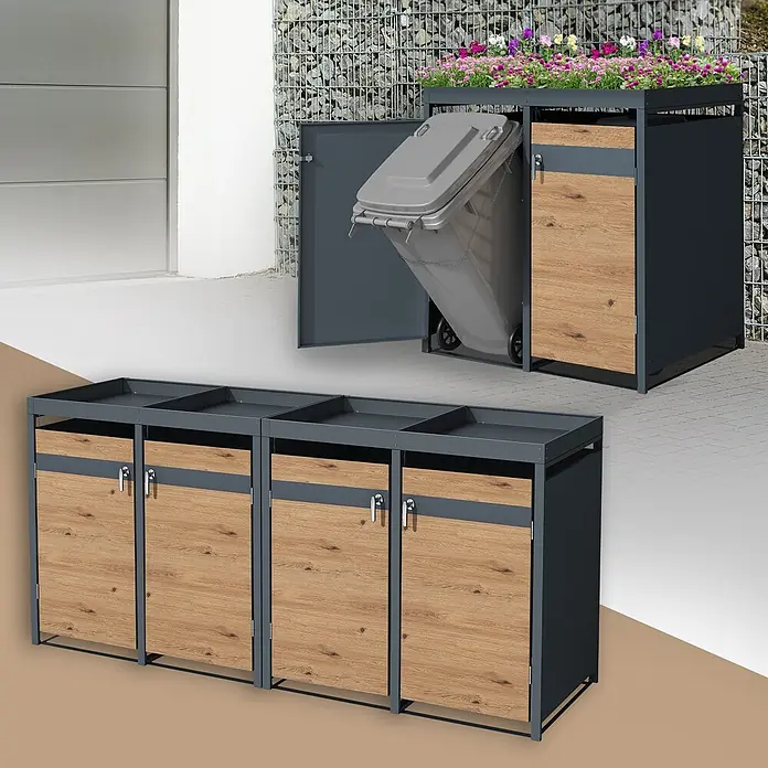 ML-Design Mülltonnenbox Mülltonnencontainer mit Klappdeckel/Tür für 4 Tonne 120 oder 240 Liter - Stahl, Anthrazit, Braun, Geeignet für Anzahl Mülltonnen: 4 Stk. - Dekorative Mülltonnenbox aus grauem Metall und Holzoptik-Platten, teils mit integrierten Pflanzbeeten.
