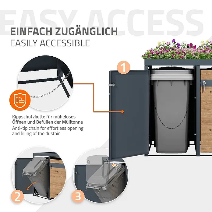 ML-Design Mülltonnenbox Mülltonnencontainer mit Klappdeckel/Tür für 4 Tonne 120 oder 240 Liter - Stahl, Anthrazit, Braun, Geeignet für Anzahl Mülltonnen: 4 Stk. - Mülltonnenbox mit Pflanzdach und Kippfunktion. Eine Kippschutzkette ermöglicht müheloses Öffnen und Befüllen des Abfallbehälters.