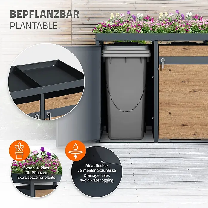 ML-Design Mülltonnenbox Mülltonnencontainer mit Klappdeckel/Tür für 3 Tonne 120 oder 240 Liter - Stahl, Anthrazit, Braun, Geeignet für Anzahl Mülltonnen: 3 Stk. - Außenlager mit Pflanzbeet oben, grauem Metallrahmen und Holztüren. Inklusive Platz für Mülleimer und Pflanzrinne mit Ablauflöchern.