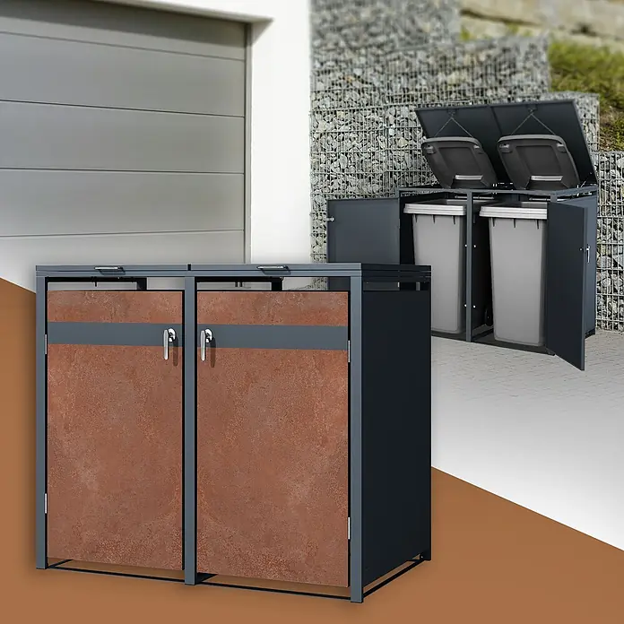 ML-Design Mülltonnenbox Mülltonnencontainer mit Klappdeckel/Tür für 2 Tonne 120 oder 240 Liter - Stahl, Anthrazit, Rot-Braun, Geeignet für Anzahl Mülltonnen: 2 Stk. - Doppelmülltonnenbox mit dunkelgrauem Metallrahmen und rostfarbenen Strukturtüren, mit einer zweiten Einheit im Außenbereich.