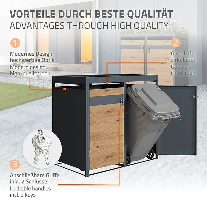 ML-Design Mülltonnenbox Mülltonnencontainer mit Klappdeckel/Tür für 3 Tonne 120 oder 240 Liter - Stahl, Anthrazit, Braun, Geeignet für Anzahl Mülltonnen: 3 Stk. - Schwarze Mülltonnenbox mit Holzoptik-Türen, enthält eine graue Mülltonne, mit abschließbaren Griffen und guter Luftzirkulation.