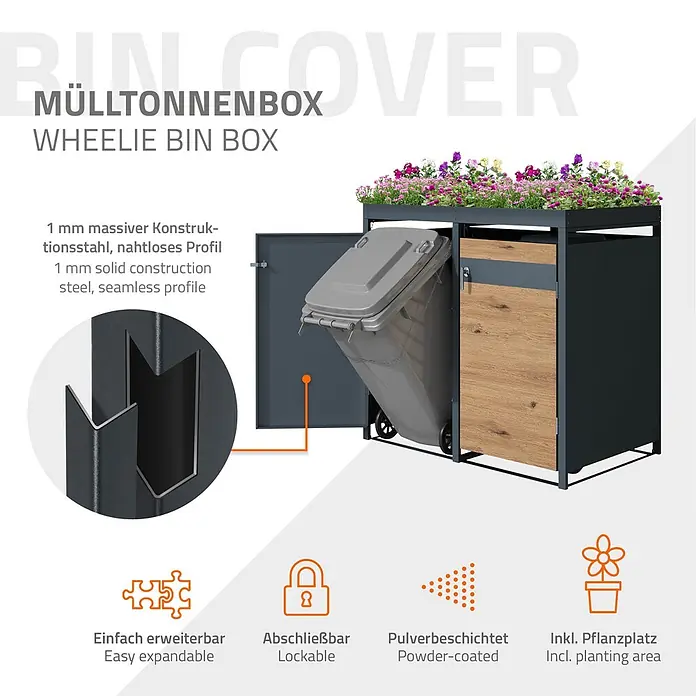 ML-Design Mülltonnenbox Mülltonnencontainer mit Klappdeckel/Tür für 4 Tonne 120 oder 240 Liter - Stahl, Anthrazit, Braun, Geeignet für Anzahl Mülltonnen: 4 Stk. - Dunkelgraue Mülltonnenbox aus 1mm pulverbeschichtetem Stahl mit Holzoptik-Paneelen und Pflanzdach. Ermöglicht einfachen Zugang für Mülltonnen.