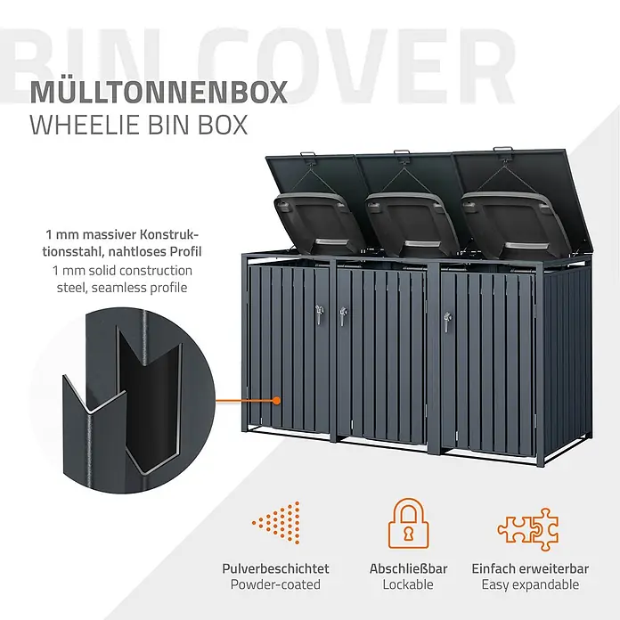 ML-Design Mülltonnenbox Mülltonnenbox 3er 240L 200x80x120cm Anthrazit aus Stahl - Stahl, Anthrazit, Geeignet für Anzahl Mülltonnen: 2 Stk. - Dunkelgraue 1 mm pulverbeschichtete Stahl Mülltonnenbox für drei Tonnen, mit offenen Deckeln, abschließbar, erweiterbar.