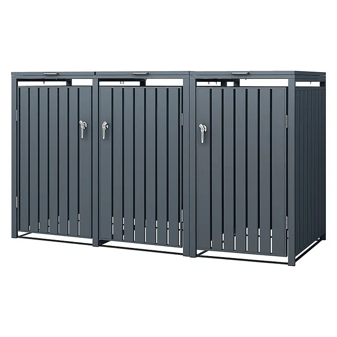 ML-Design Mülltonnenbox Mülltonnenbox 3er 240L 200x80x120cm Anthrazit aus Stahl - Stahl, Anthrazit, Geeignet für Anzahl Mülltonnen: 2 Stk. - Dunkelgraue Metall-Mülltonnenbox mit drei Fächern, Lamellentüren und Klappdeckeln, ausgestattet mit silbernen Griffen für die Abfallentsorgung.