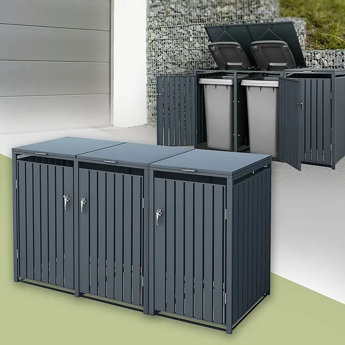 ML-Design Mülltonnenbox Mülltonnenbox 3er 240L 200x80x120cm Anthrazit aus Stahl - Stahl, Anthrazit, Geeignet für Anzahl Mülltonnen: 2 Stk. - Dunkelgraue Latten-Mülltonnenboxen in modernem Design, zur ordentlichen Aufbewahrung von Abfallbehältern.
