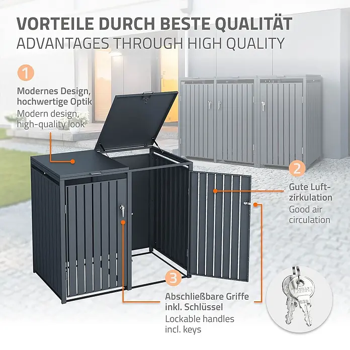 ML-Design Mülltonnenbox Mülltonnenbox 3er 240L 200x80x120cm Anthrazit aus Stahl - Stahl, Anthrazit, Geeignet für Anzahl Mülltonnen: 2 Stk. - Dunkelgraue Metall-Mülltonnenbox, mit offenen Türen und Deckel, betont modernes Design, Belüftung und abschließbare Griffe mit Schlüsseln.